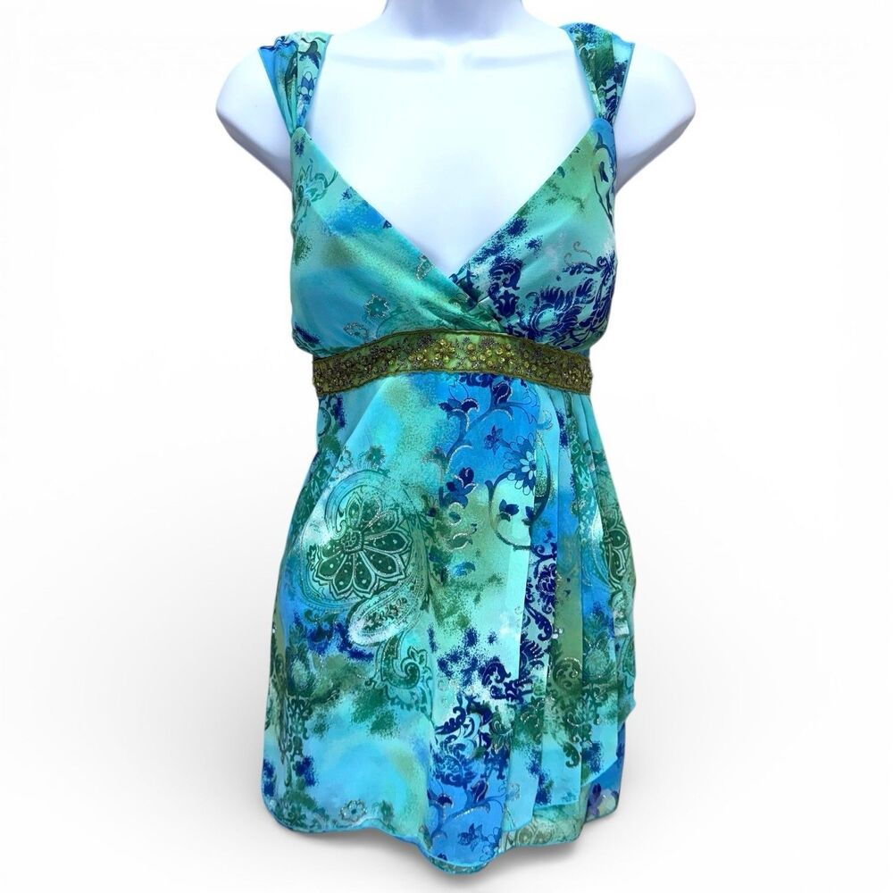 Vtg Y2k Babydoll Beaded Top Size L Blue Fairy Whimsi Ethereal Flirty Festival